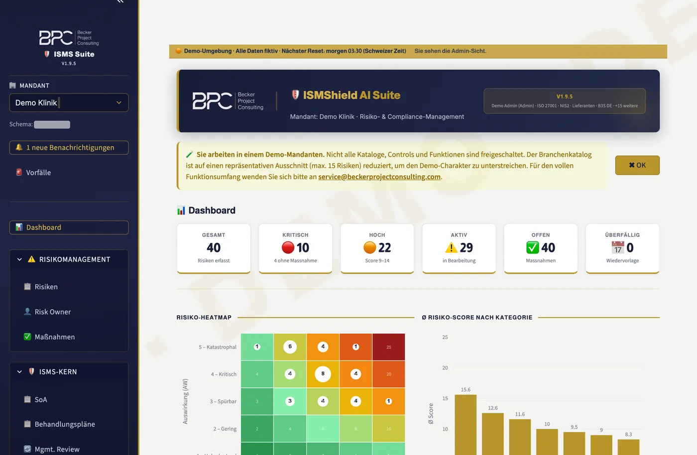 ISMShield-Dashboard mit Risiko-Heatmap, Kennzahlen zu erfassten Risiken, offenen Massnahmen und überfälligen Wiedervorlagen