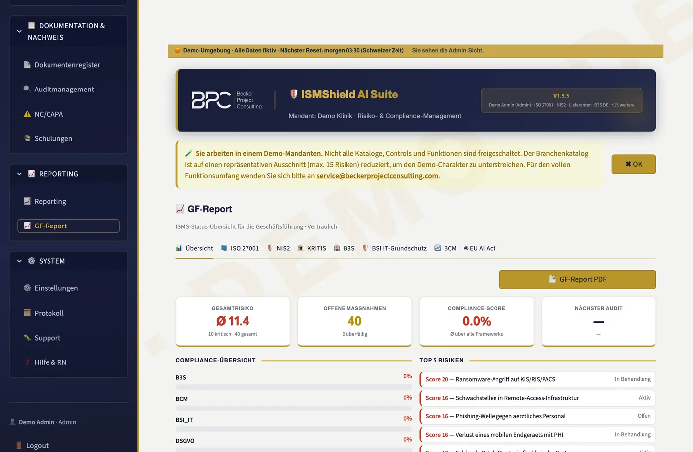Geschäftsführungs-Report mit Gesamtstatus der Compliance für die Leitungsebene