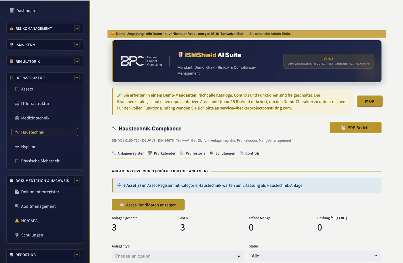 Haustechnik-Anlagenregister mit Prüfkalender und fünfstufiger Ampel nach DGUV V3