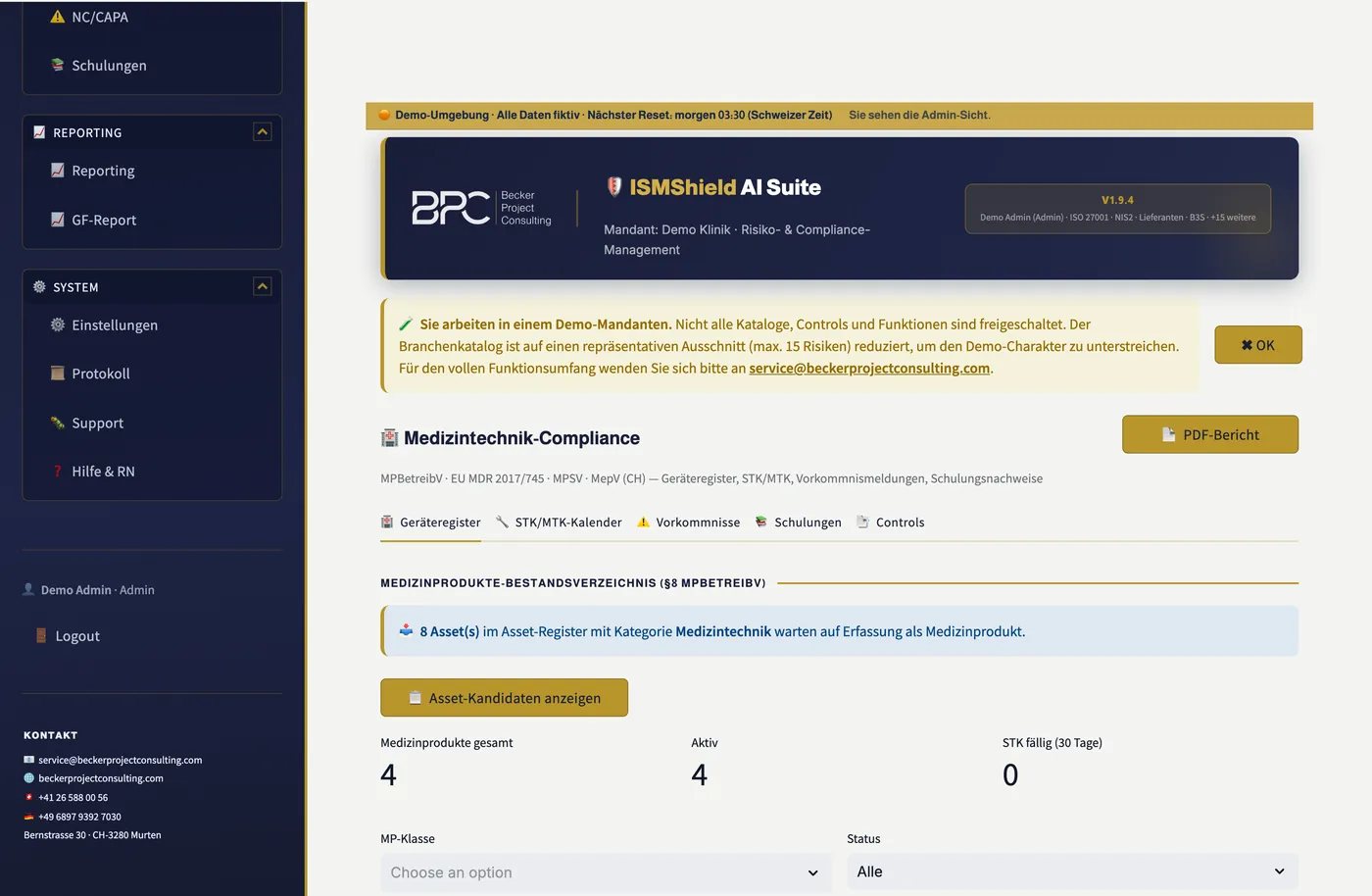 Medizintechnik-Register mit Geräten, UDI-Code, MP-Klasse und STK/MTK-Prüffristen