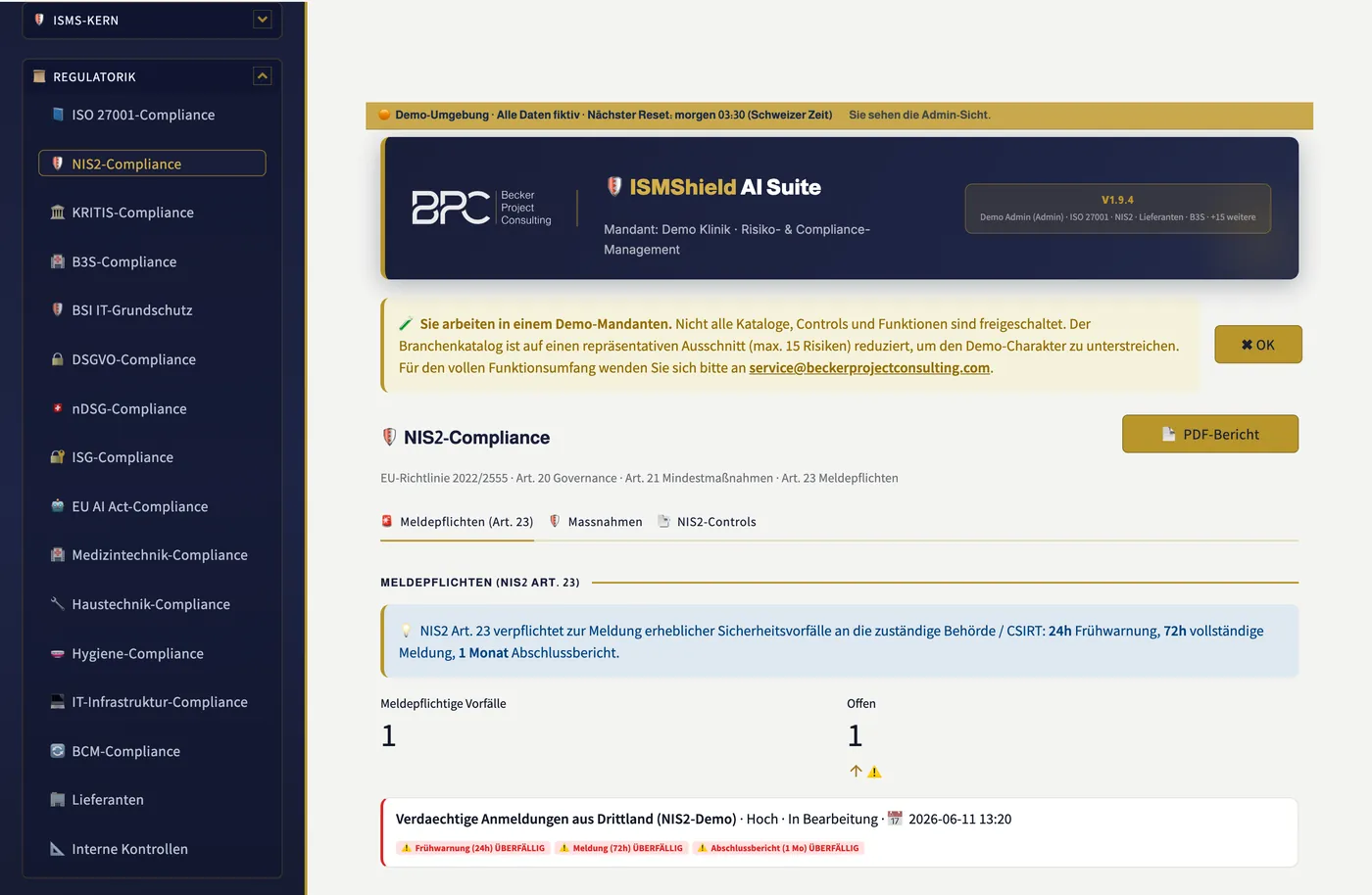 NIS2-Ansicht mit Meldepflichten nach Artikel 23, laufenden Fristen und als überfällig markierten Meldungen