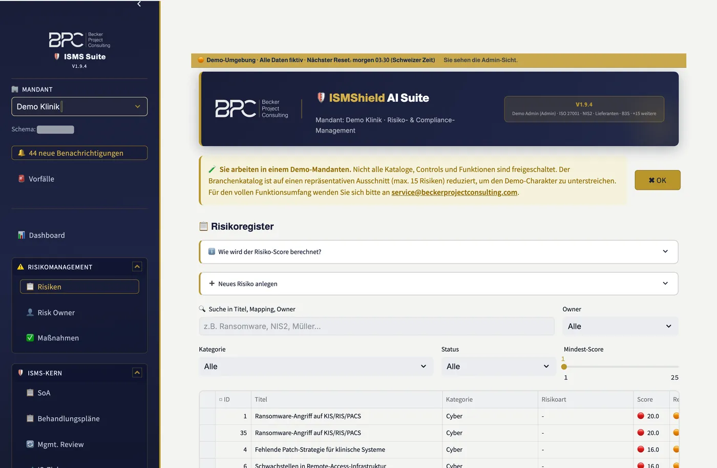 Risikoregister in ISMShield mit Bewertung, Kategorie und zugeordneten Massnahmen